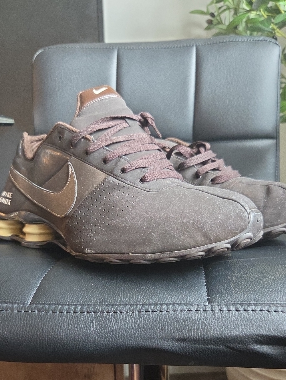 Nike Men’s Shox Sneakers in Dark Brown with Gold Accents